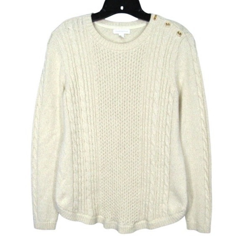 CHARTER CLUB Metallic Ivory CABLE KNIT Button Detail ROUND HEM Sweater Sz S